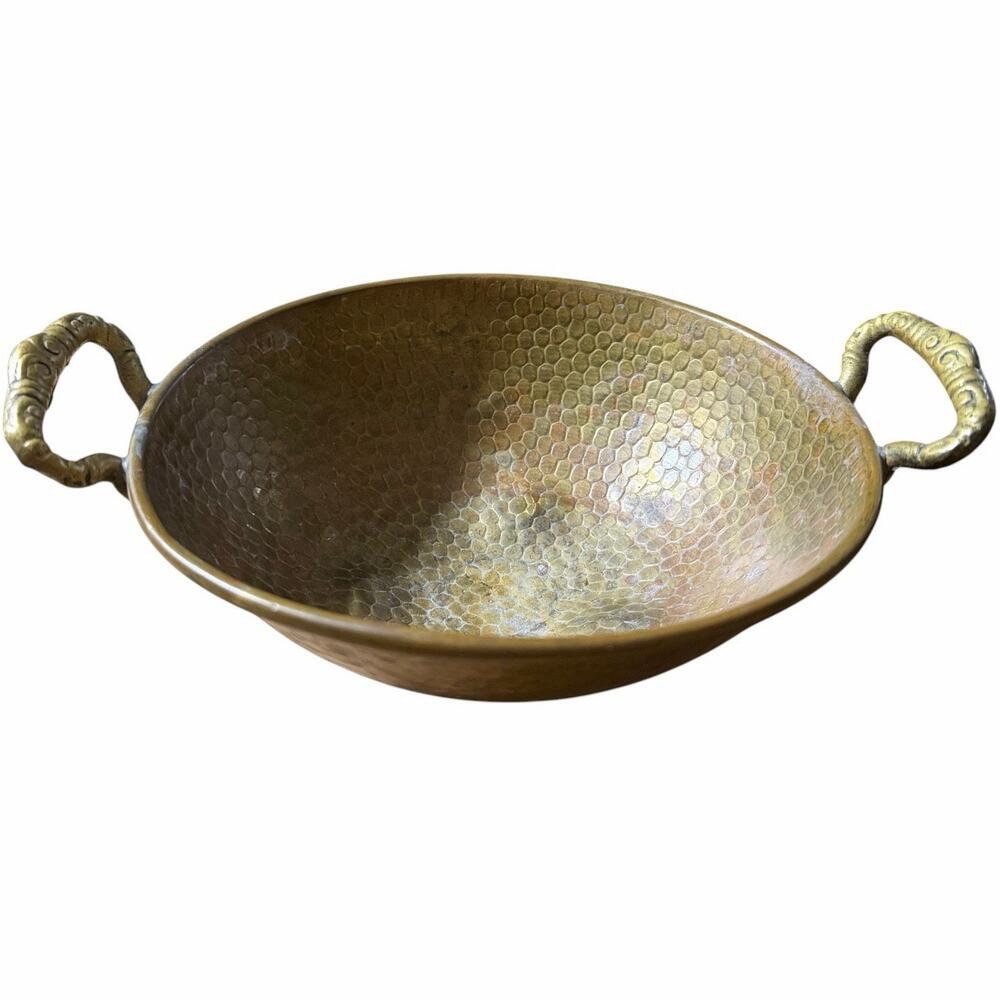 Vintage Hammered Brass Footed Bowl Ornate Handles Decorative Centerpiece Dish